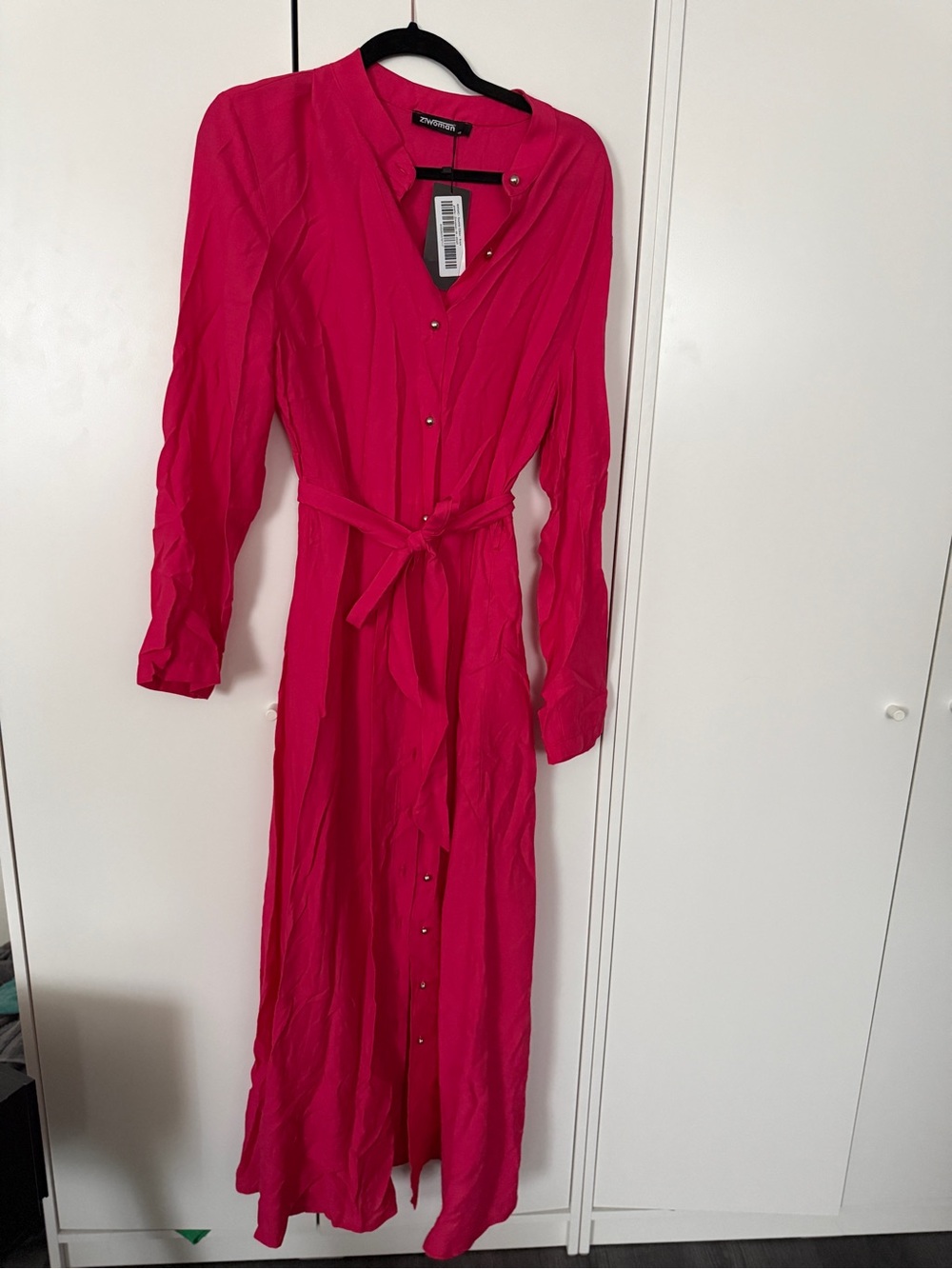 Pink Long Sleeve Button-Front Maxi Shirt Dress